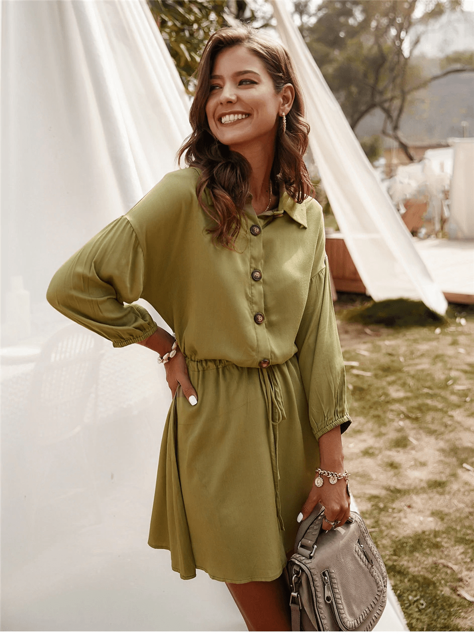 Chic Bohemian Mini Dress in Khaki Green ...